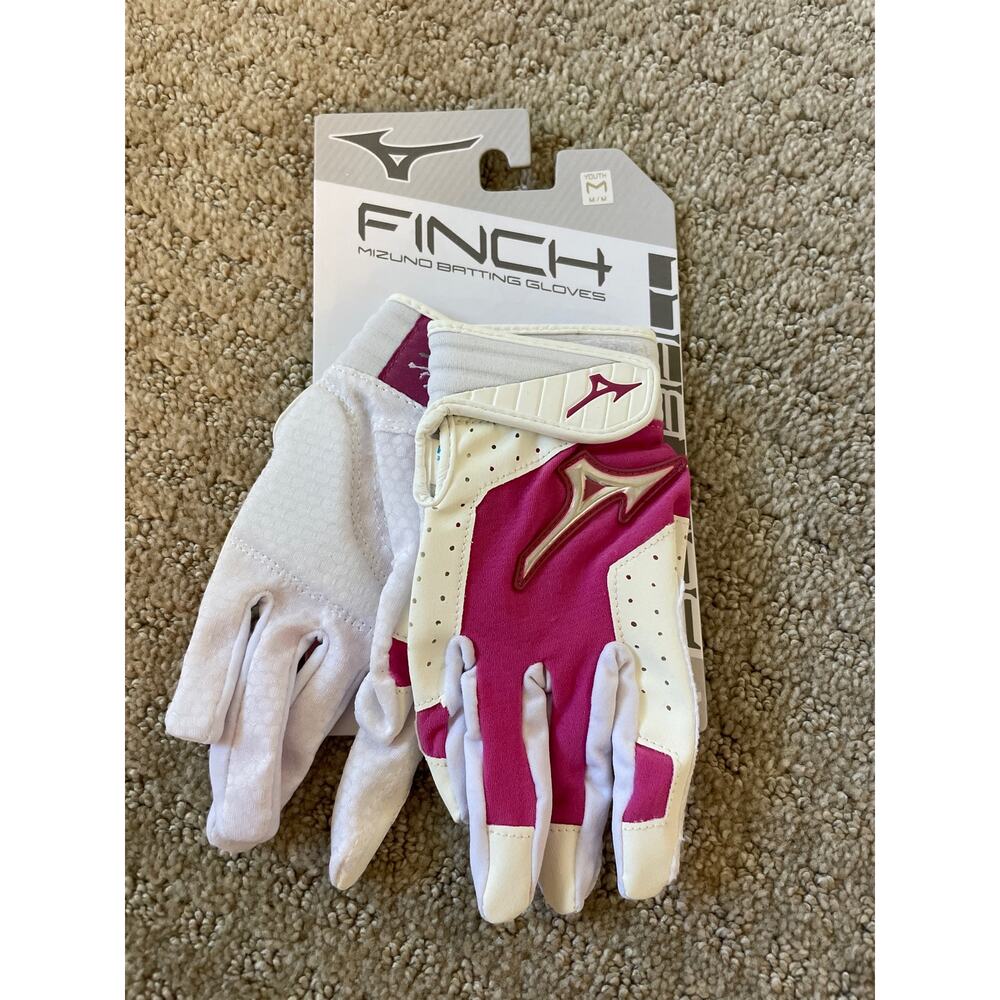 NWT - Mizuno Finch Pink & White Youth Batting Gloves M